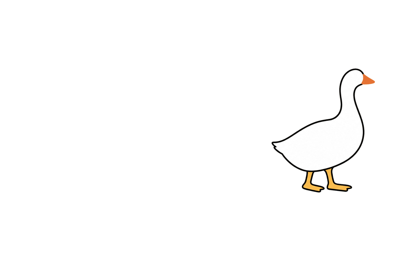 Drawing of a white goose with an orange bill and yellow feet, standing in side profile.